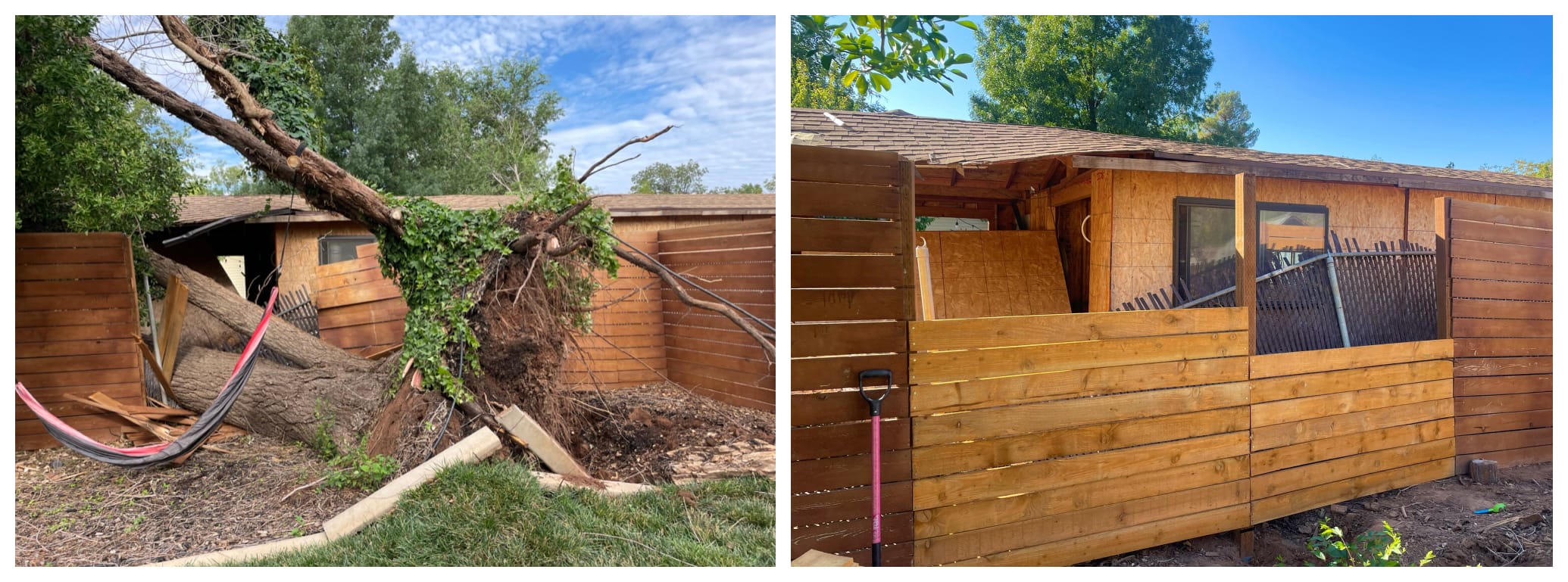 Before and after photograph showing a fence knocked over by a downed tree and then half repaird with a new post and fence siding.