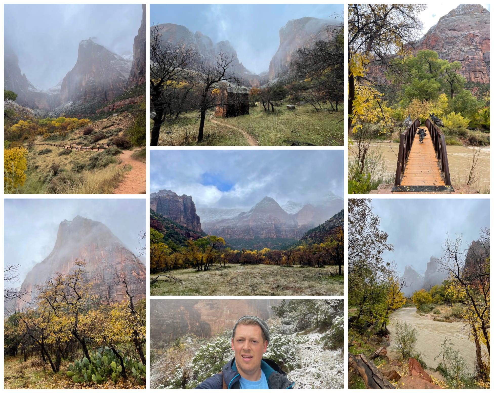 Collage of photographs from the Three Patriarchs hike in Zion National Park during the early winter with light snow and clouds.