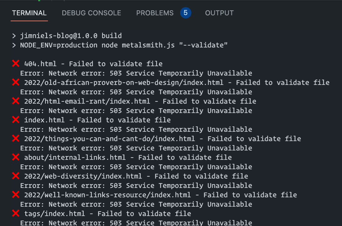 Screenshot of the command line showing a large number of “503 Service Temporarily Unavailable” when trying to validate HTML files with the Nu HTML Checker