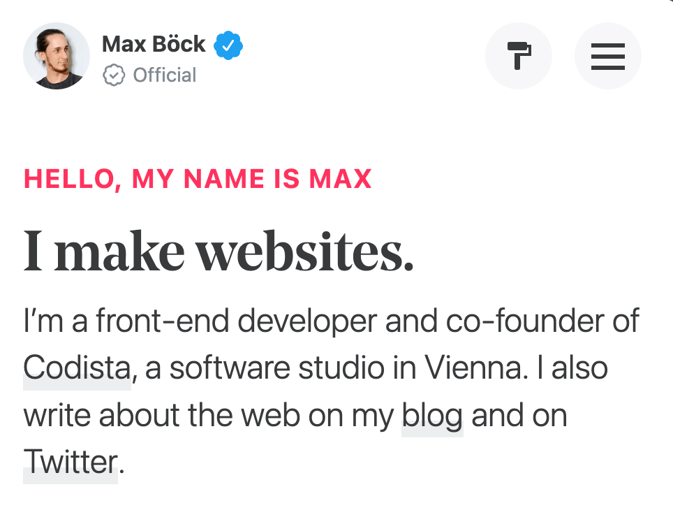 Screenshot of `mxb.dev` with a verified and official checkmark in the style of Twitter (circa Nov. 2022).