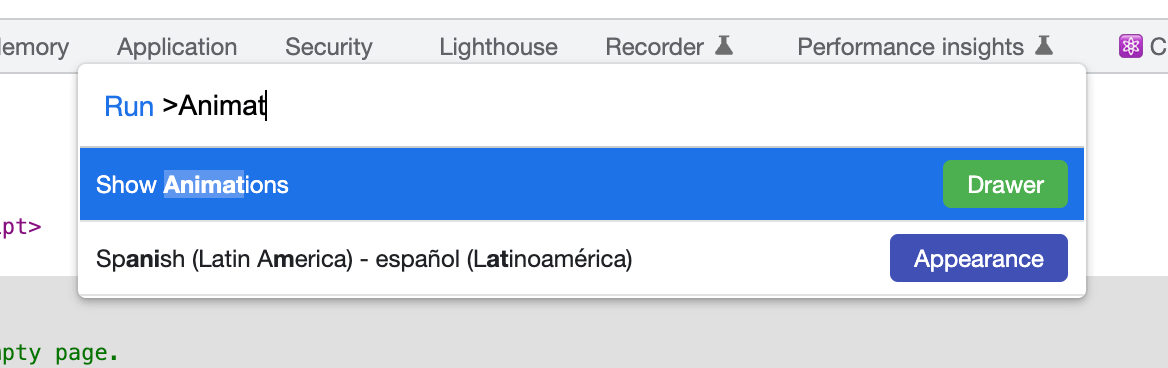 Screenshot of the command palette in Chrome’s devtools with the keyword “Animat” typed in and filtering the list of options so the first list item is the command to show the “Animations” panel.