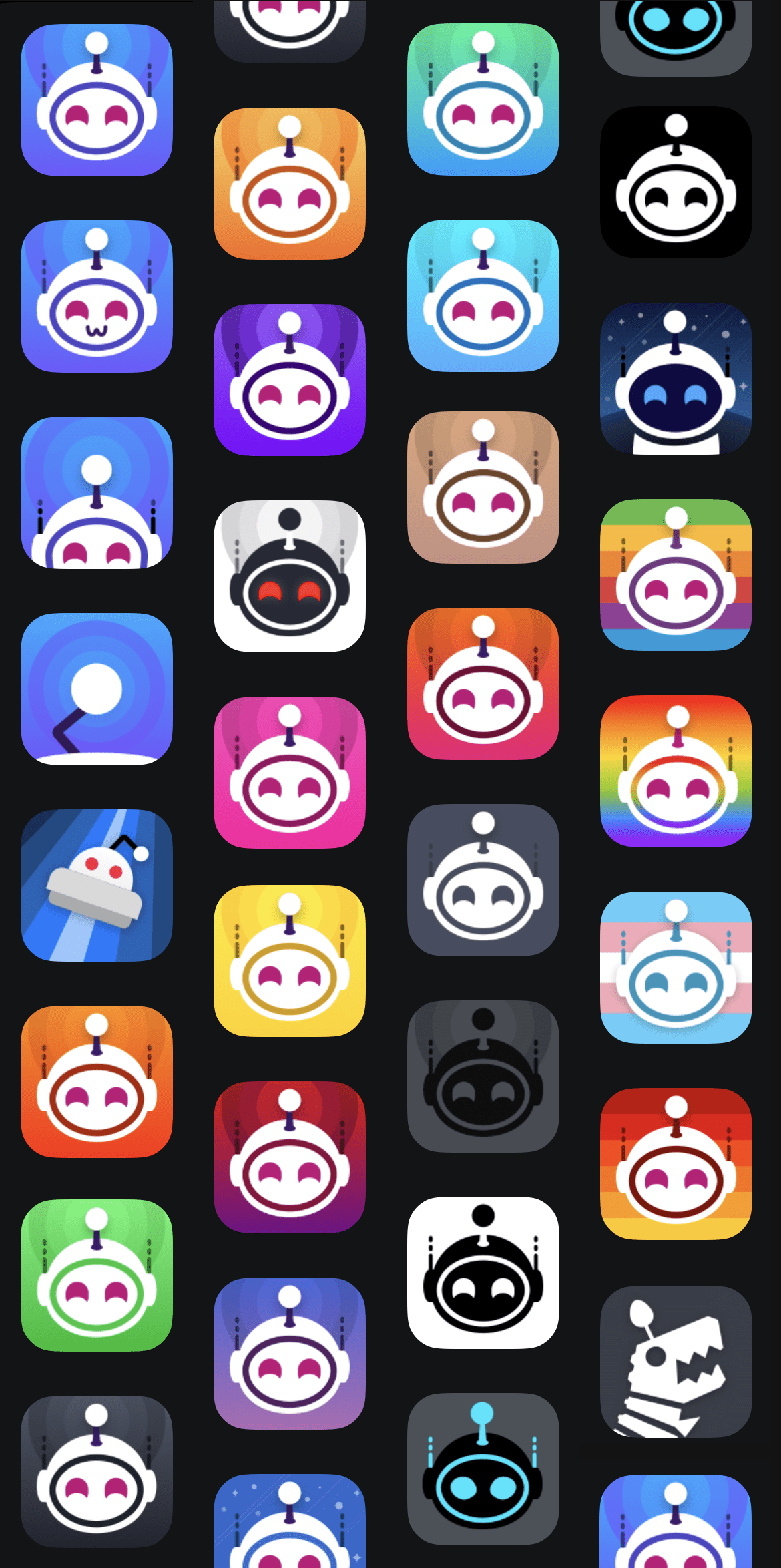 Screenshot of the default app icon variations from inside the “Apollo” app.