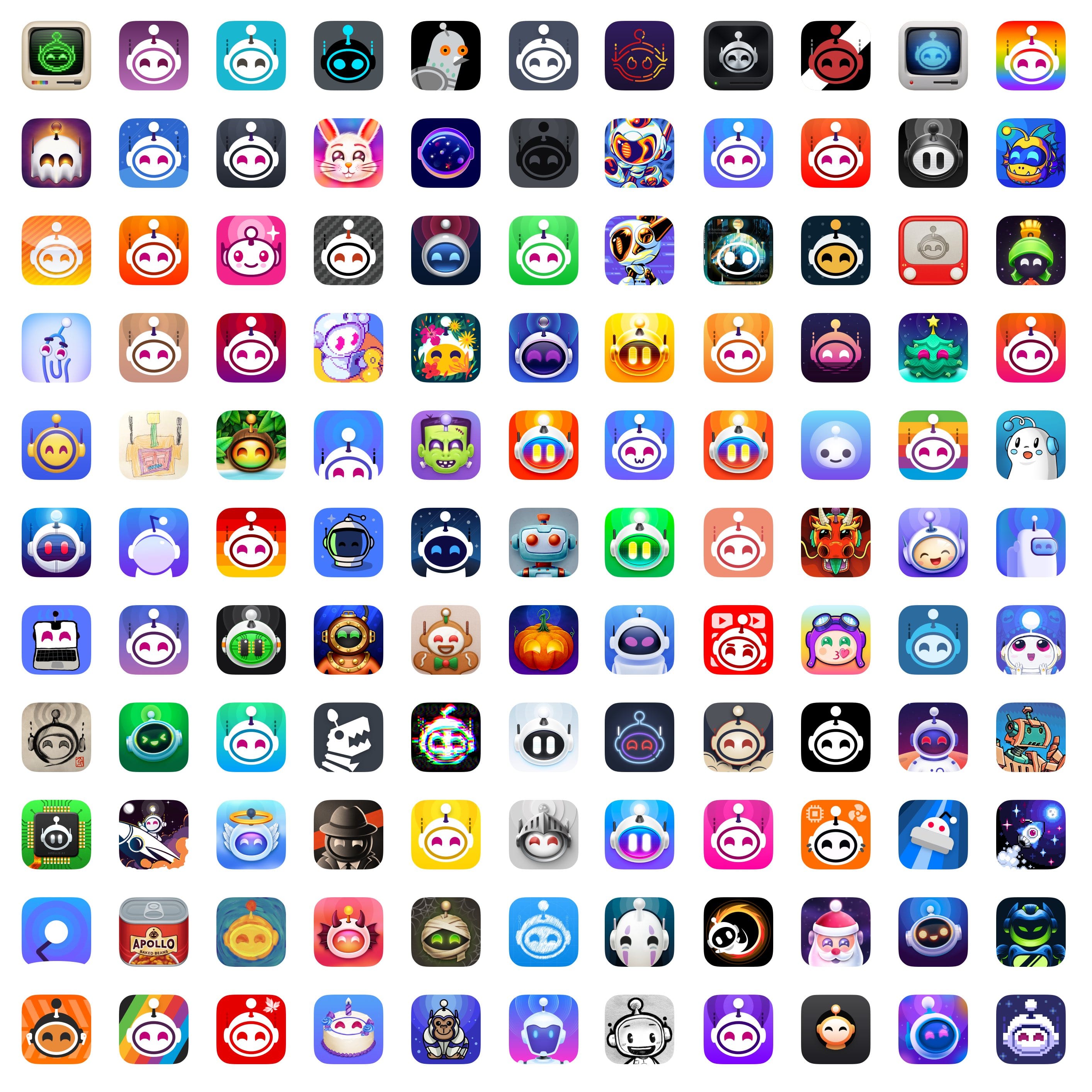 Screenshot of over 100 app icon variations for the “Apollo” app.