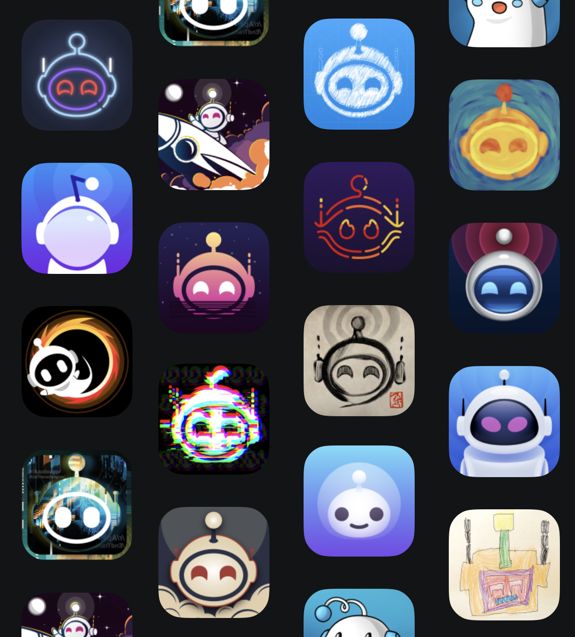 Screenshot of the community app icon variations from inside the “Apollo” app.