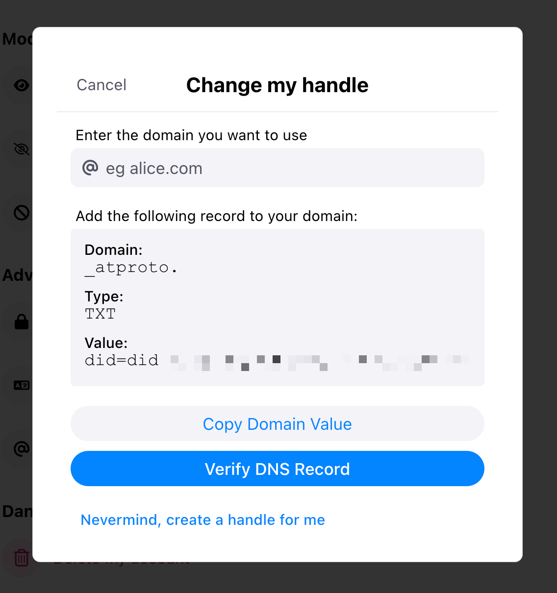 Screenshot of the 'Change my handle' modal in Bluesky showing the info you have to copy to your DNS settings.