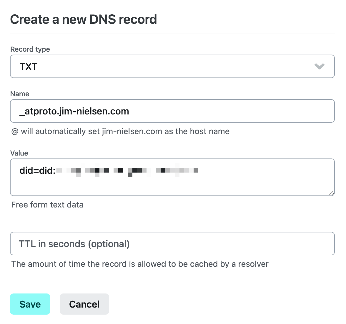 Screenshot of a modal in Netlify where you can create a new DNS record.