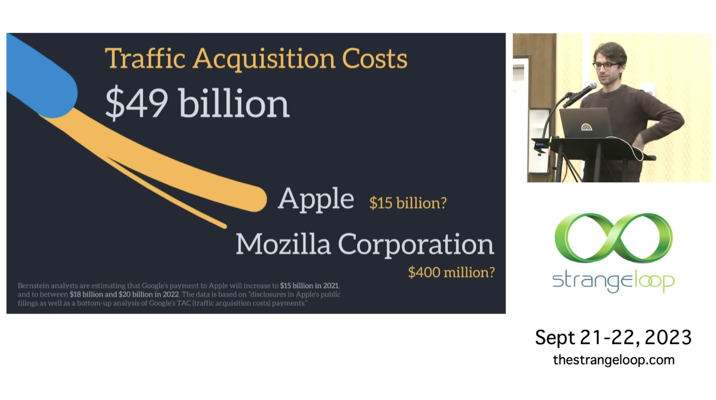 Screenshot from Evan’s talk at Strangeloop showing Google’s traffic acqisition of $49 billion, with Apple getting $15 billion of that and Mozilla $400 million.