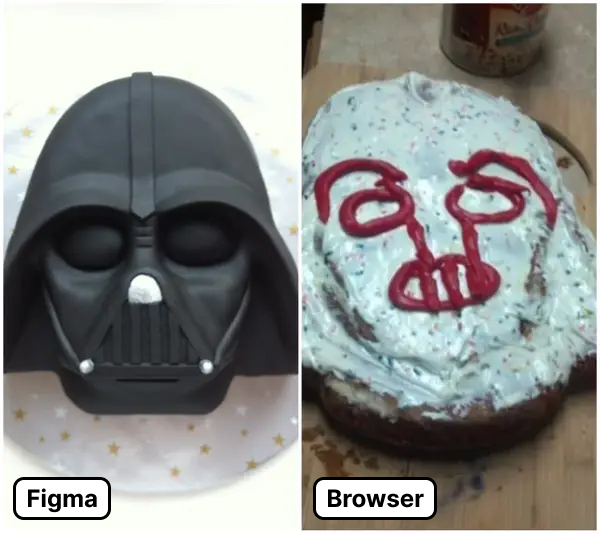 Photograph of a beautiful decorative, detailed mask of Darth Vader on the left. On the right, a half-hazard recreation of that mask with sloppy frosting making it nigh unrecognizeable as Darth Vader.