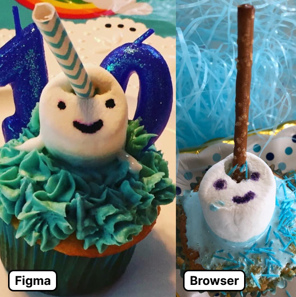 Photograph of a detailed narwhal cupake on the left contrasted with a sloppy recreation on the right that has a pretzel skewering its head.