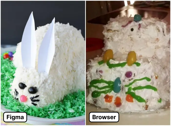 Photograph of a bunny cake on the left contrasted with a terrible recreation the right.