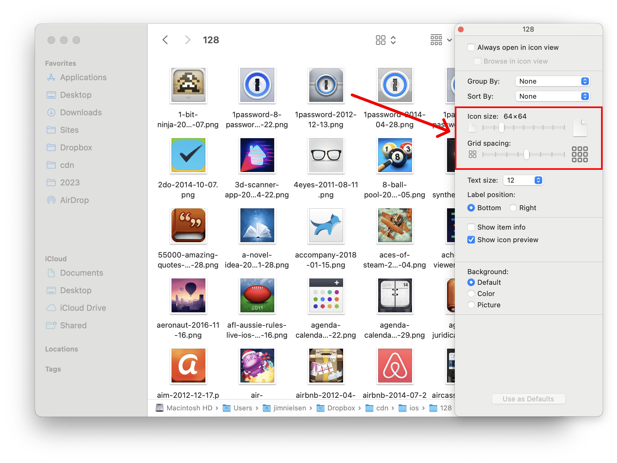 Screenshot of the macOS finder with the “View options” preferences panel open showing how you can change the sizing and spacing of the file thumbnails.