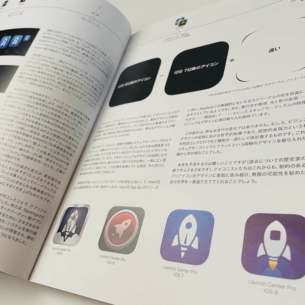 Photograph of a spread from the chapter “A Short History of iOS App Icons” from the Japanese version of “The iOS App Icon Book”.