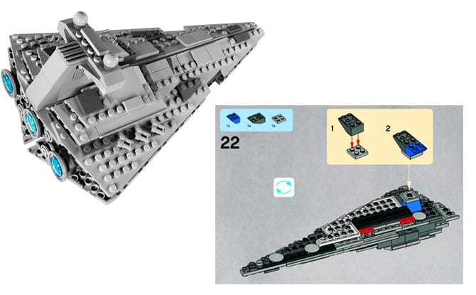 Photograph of a star cruiser lego set with an instruction booklet showing how to put it together.