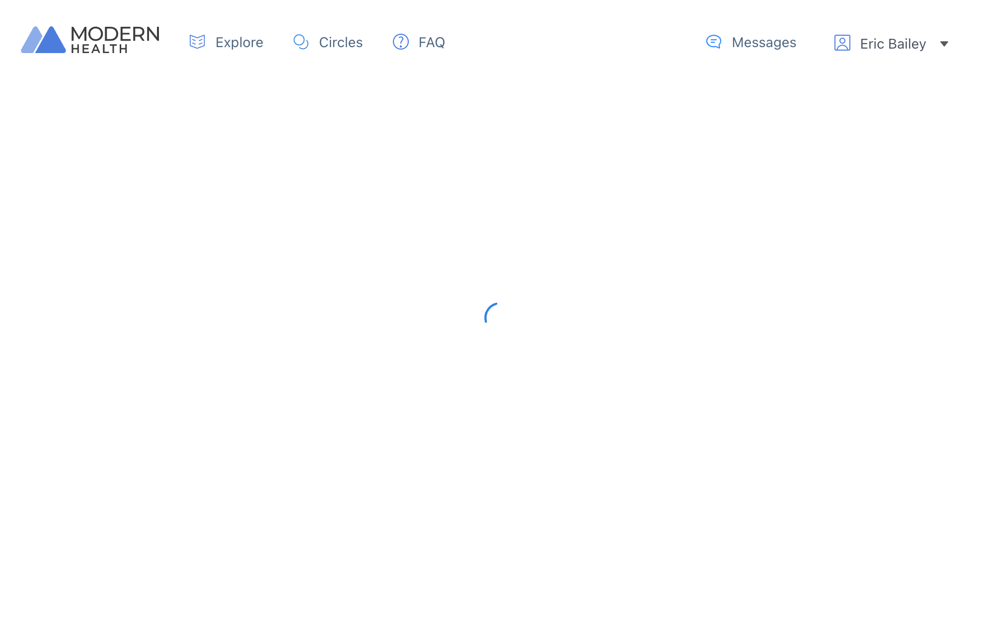 Screenshot of the Modern Health website that is mostly blank with a spinner in the middle.