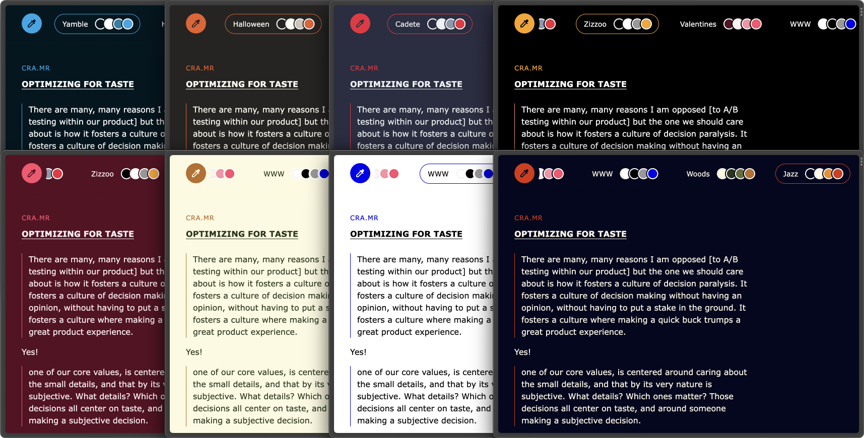 Various screenshots of notes.jim-nielsen.com depicting all the different theme color combinations