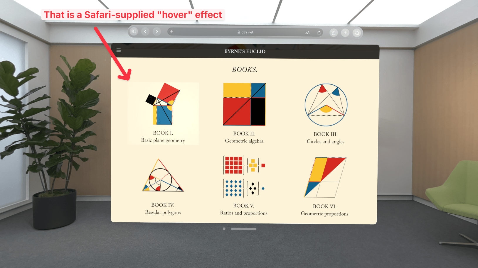 Screenshot from Apple’s presentation showing a visionOS Safari web view with a physical room in the background and a digital web page in the forefront, with one of the elements on the page being given a subtle background highlight to indicate it’s interactive.