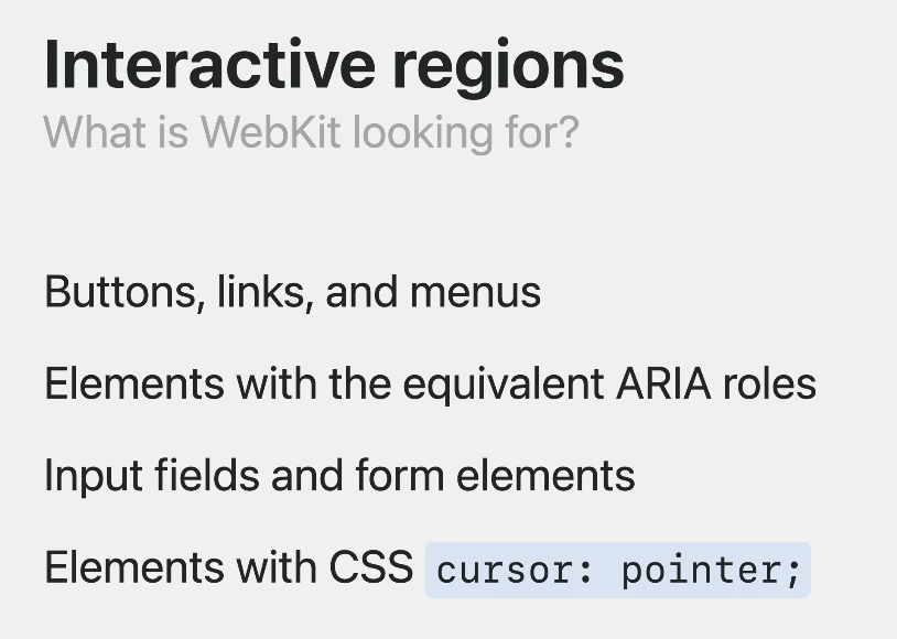 Screenshot from Apple’s presentation noting that “interactive regions” in Safari for visionOS are guessed at by markup elements like button, link, input, and form.