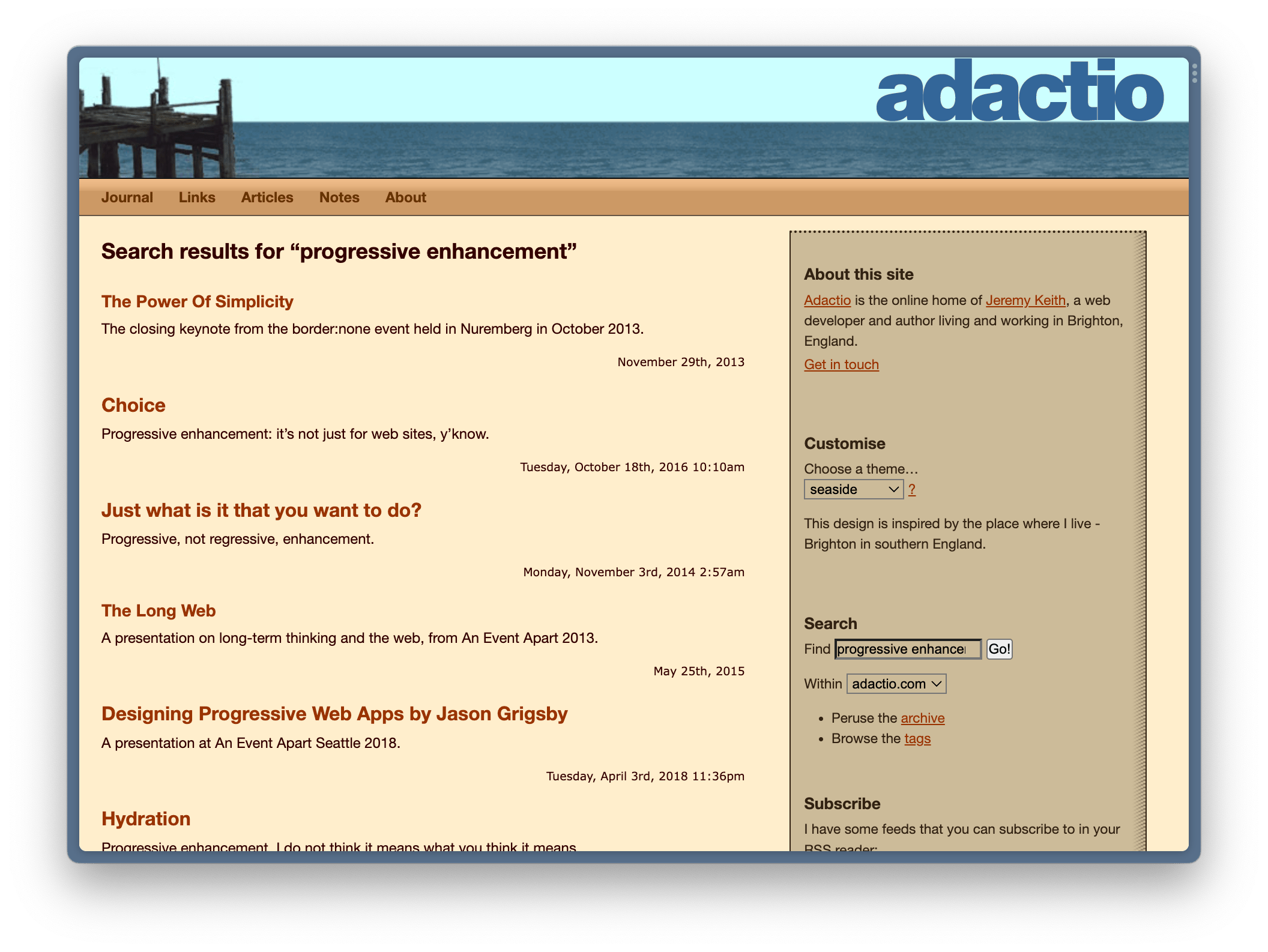 Screenshot of the search results page for the phrase “progressive enhancements” for adactio.com