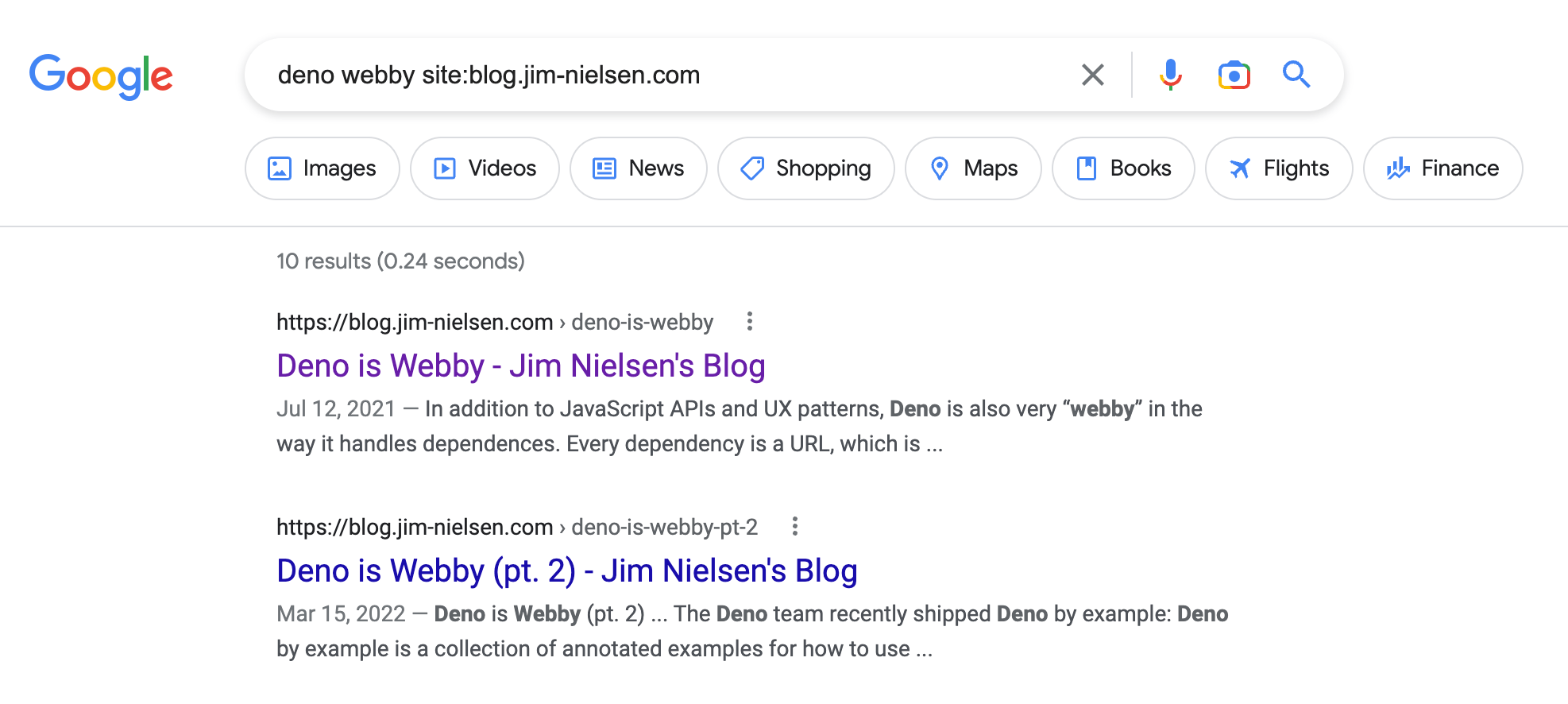 Google.com screenshot for a site specific search of blog.jim-nielsen.com for the phrase “deno webby”.