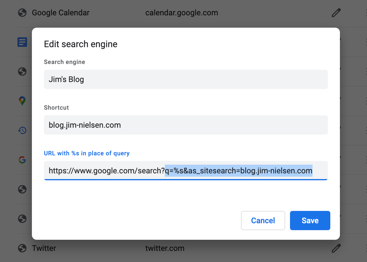 Screenshot of the settings page in the Arc browser where you can edit the settings for a site specific search. In this example, a google.com search is shown for searching blog.jim-nielsen.com