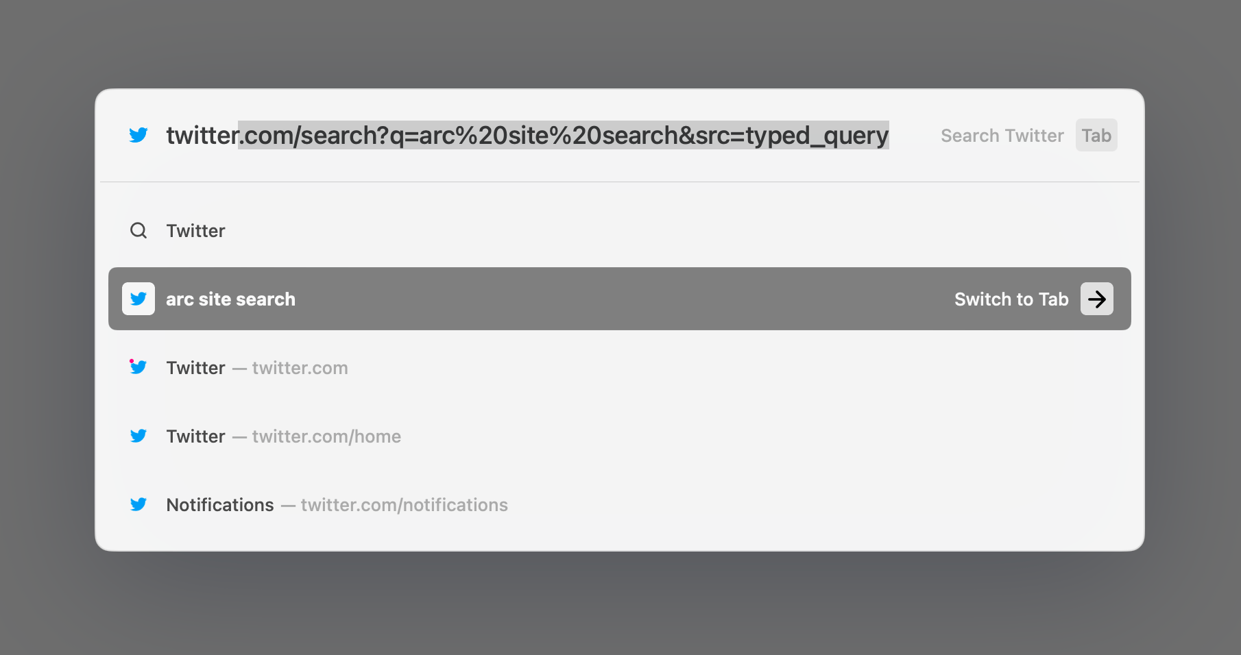 Screenshot of CMD+T in Arc browser with “arc site search” for Twitter in the suggested results and available for Tabbing.
