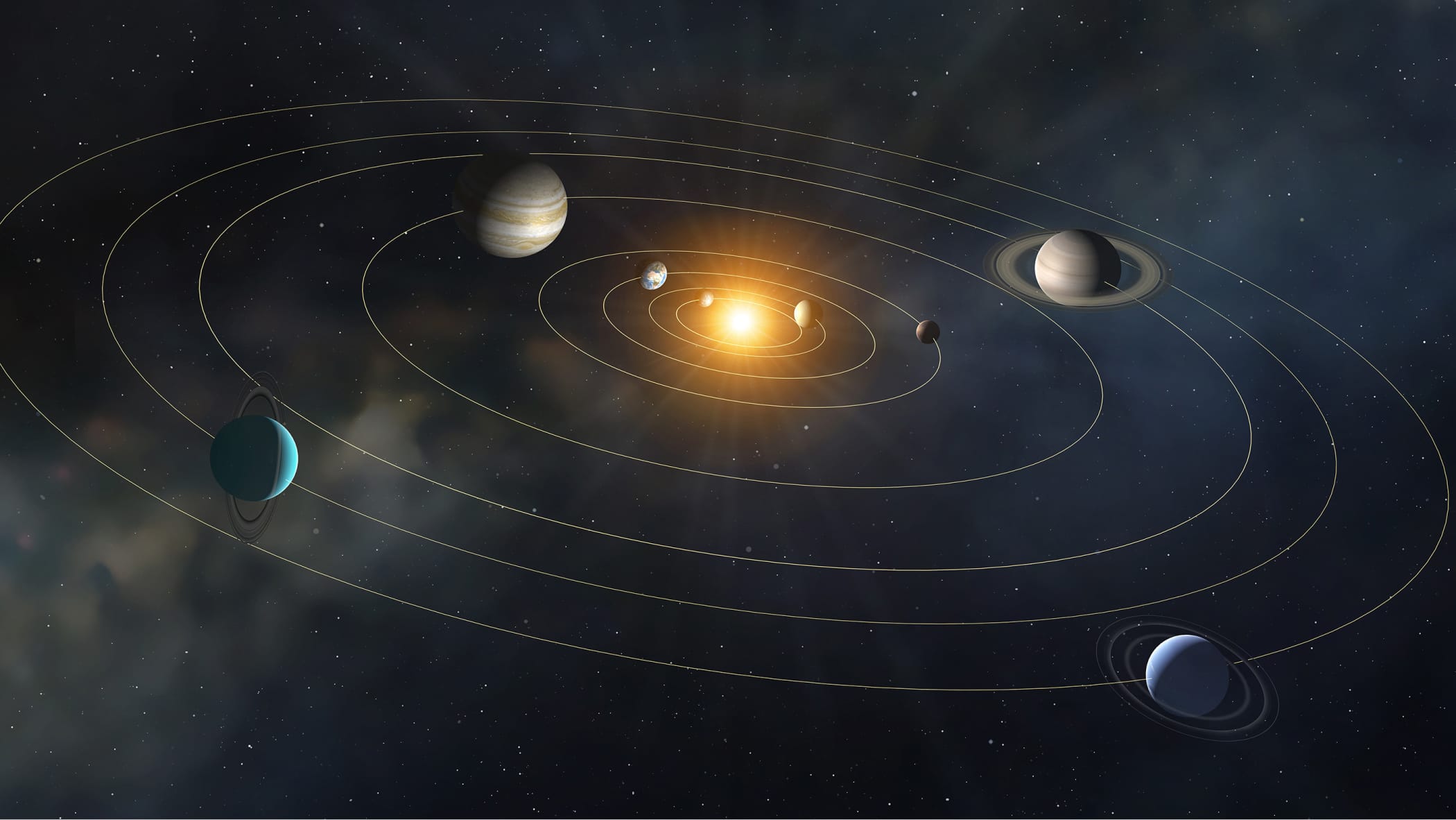 Illustration of the solar system with the sun at the center and the planets orbiting it with their orbit paths denoted by lines.