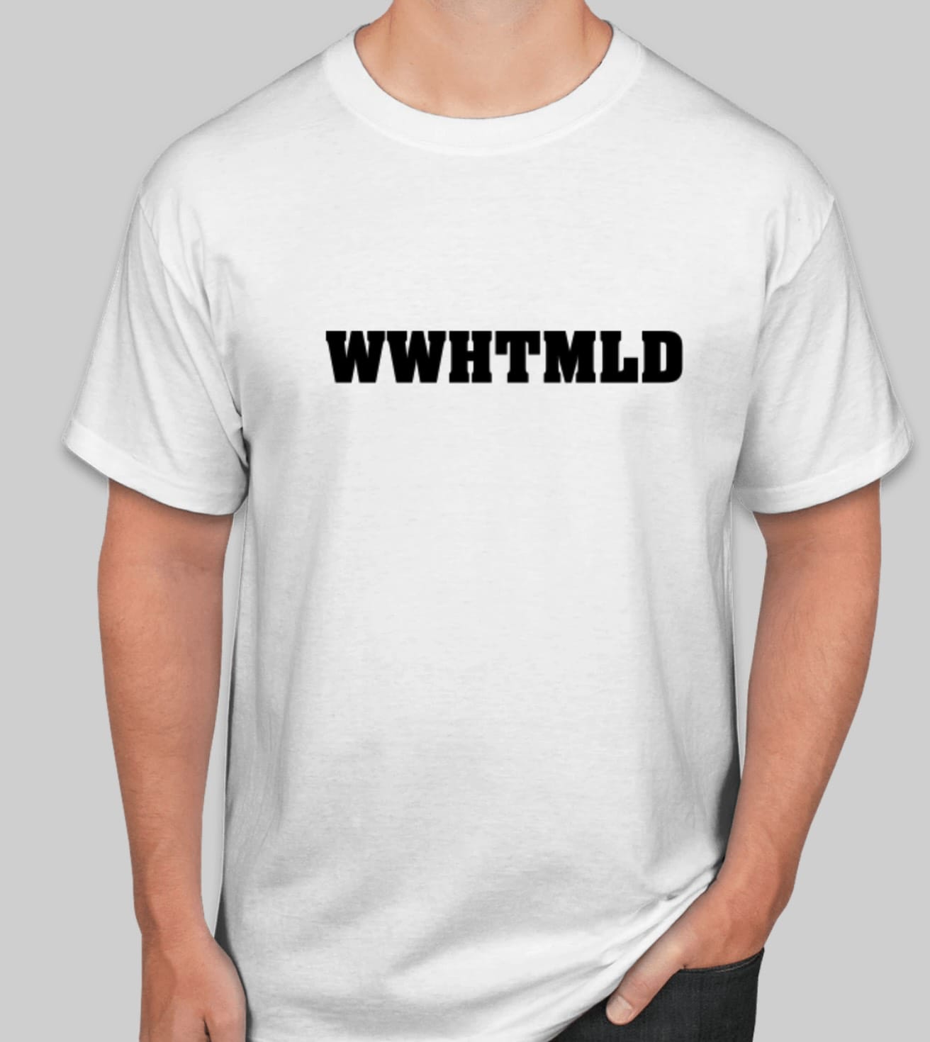 Photo of a plain white tshirt with big bold letters that say 'WEHTMLD'