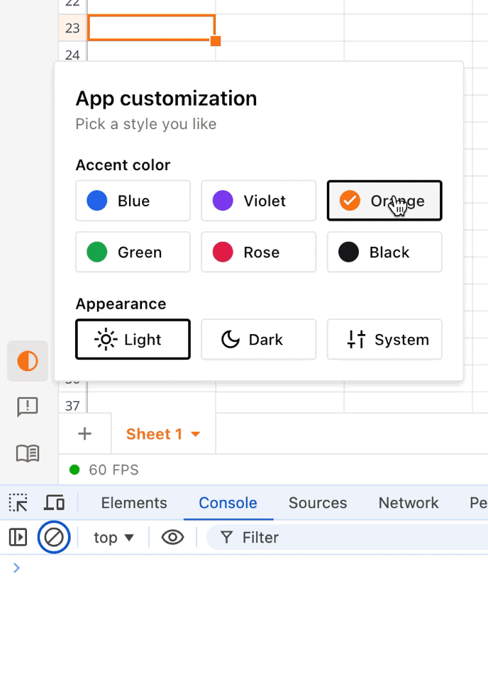 Animated gif of a mouse clicking an orange button, then a purple button, then back to the orange button and the console logging HSL color string values each time it gets clicked.