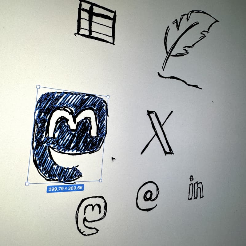 Photograph of a Figma artboard with hand-drawn images, each their own SVG object in Figma with discrete paths.