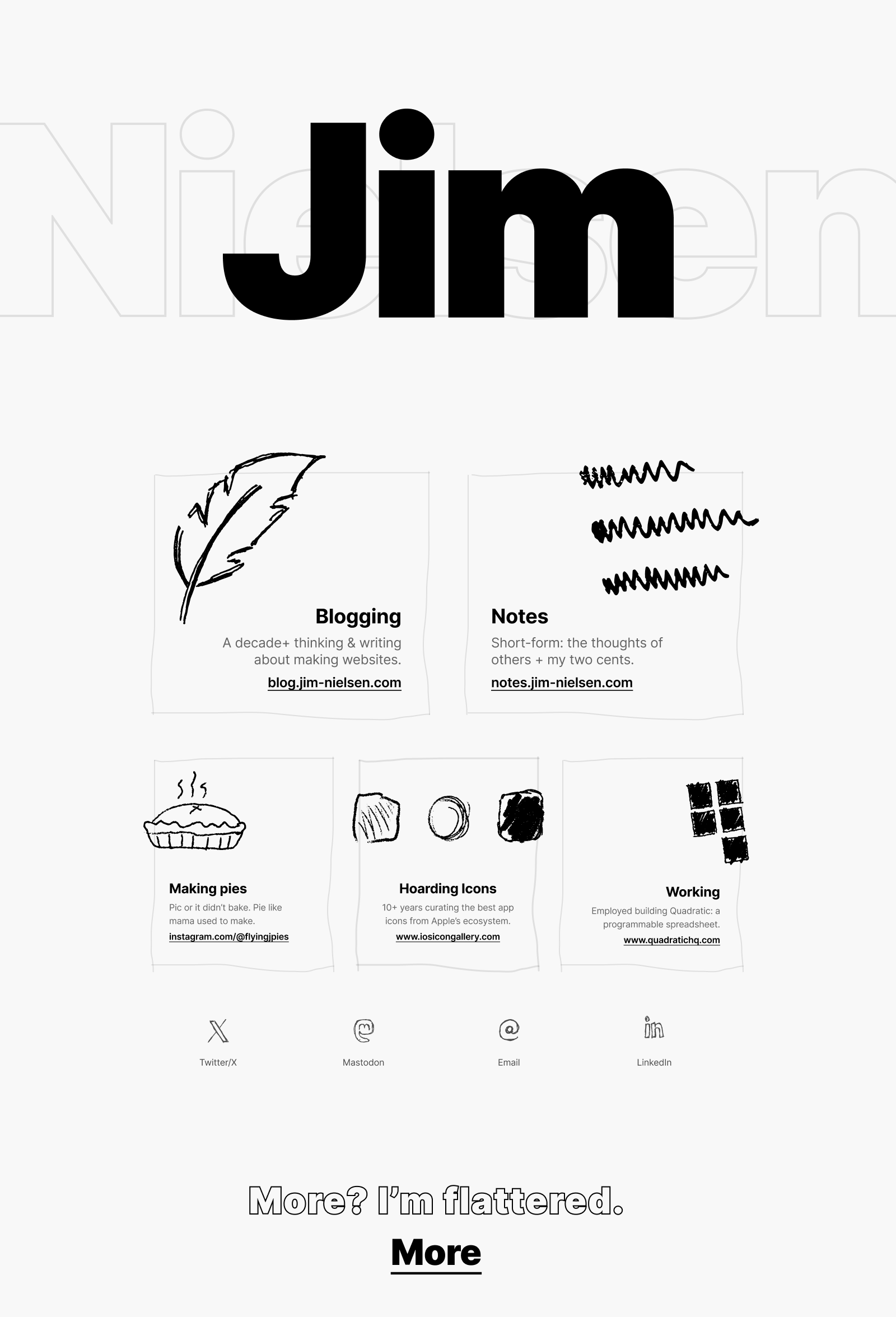 Screenshot of iteration 4 of the new jim-nielsen.com which has 5 comic strips and social callouts. Hierarchy exists between primary/secondary strips and tertiary social links. (Stylistically it has hand-drawn borders and images.)