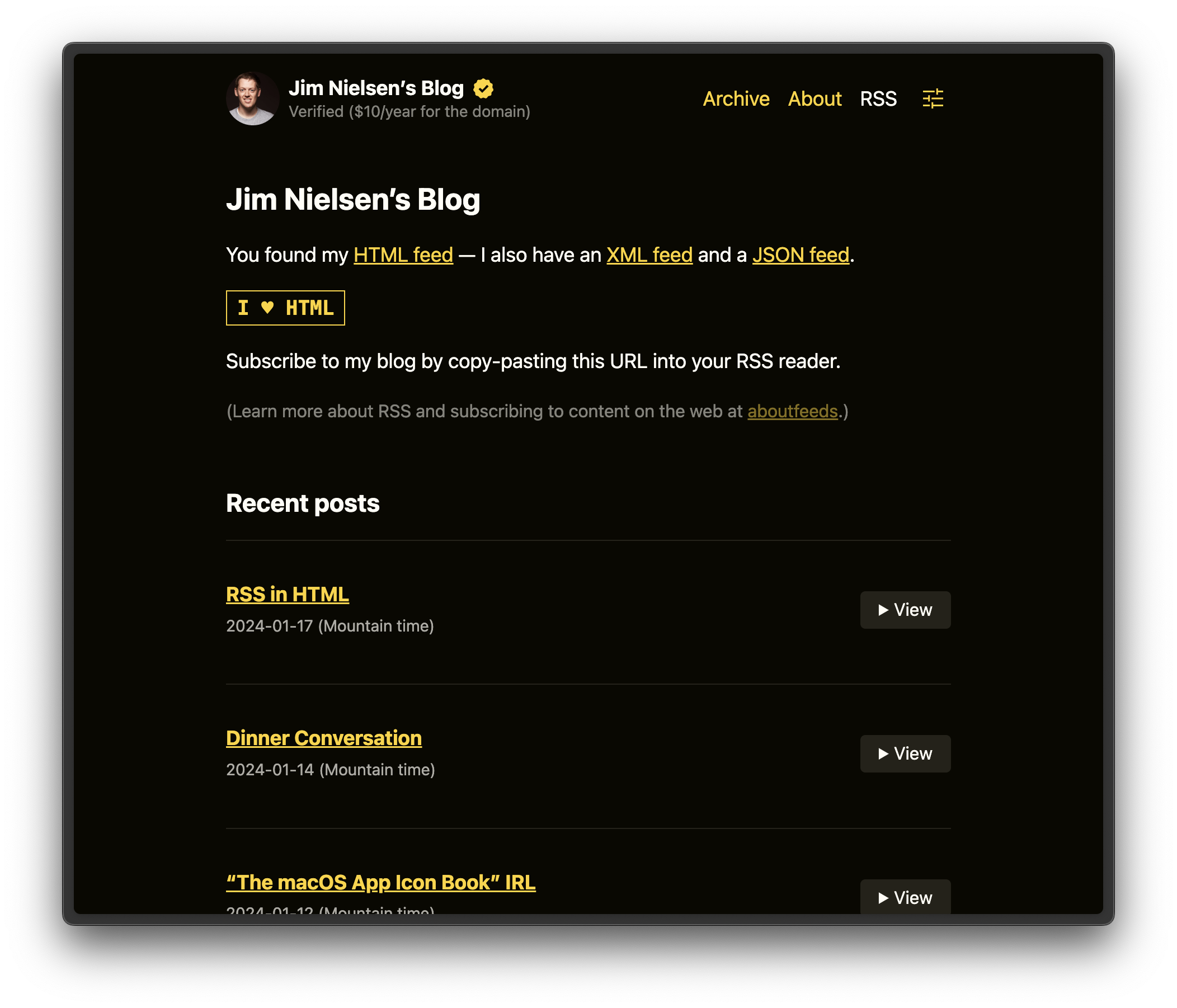 Screenshot of the HTML feed page on blog.jim-nielsen.com