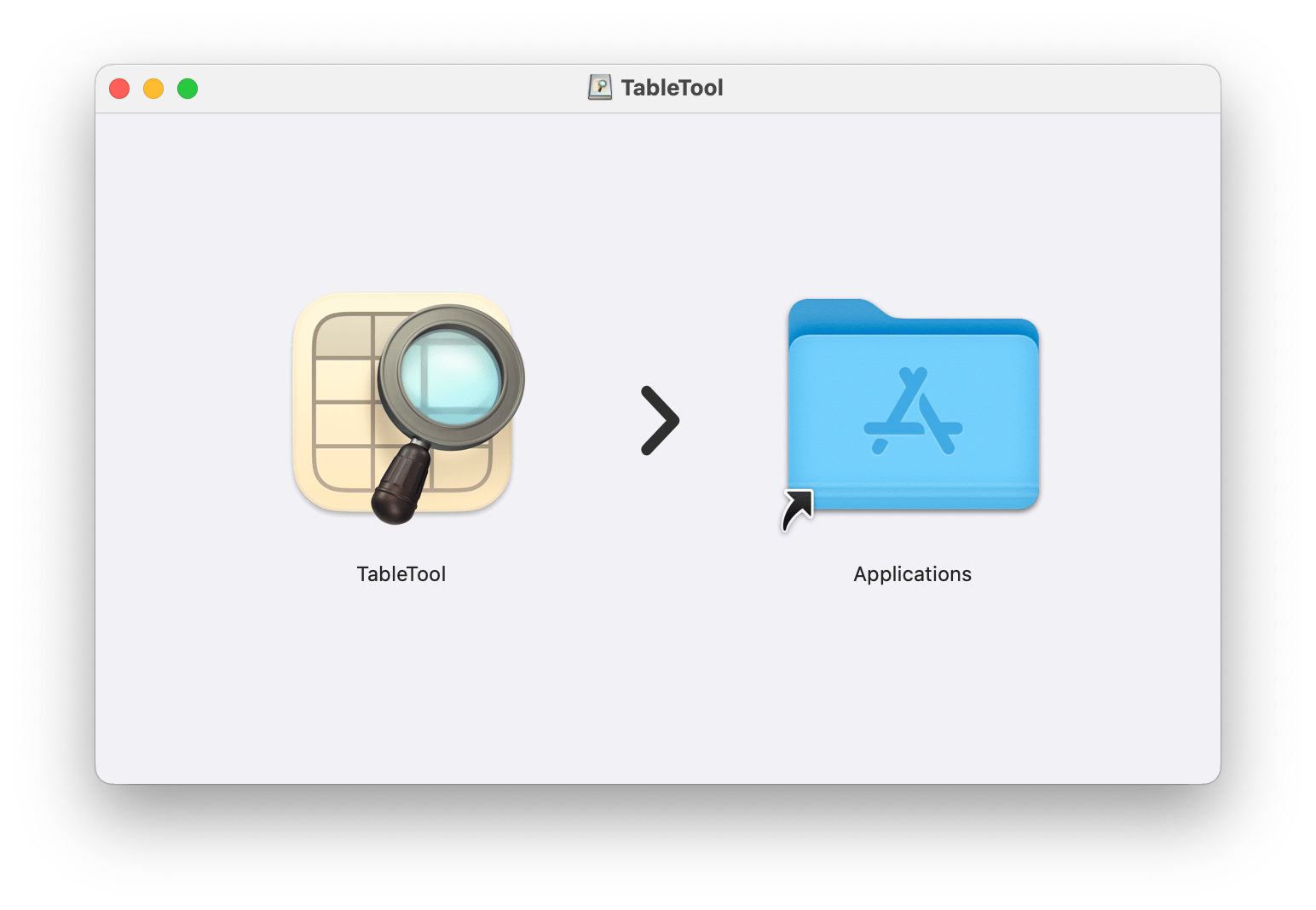 Screenshot of an application installion screen on macOS for TableTool, which shows the application icon on the left and an icon for the macOS Applications folder on the right and an arrow between them, denoting you should drag and drop the app.