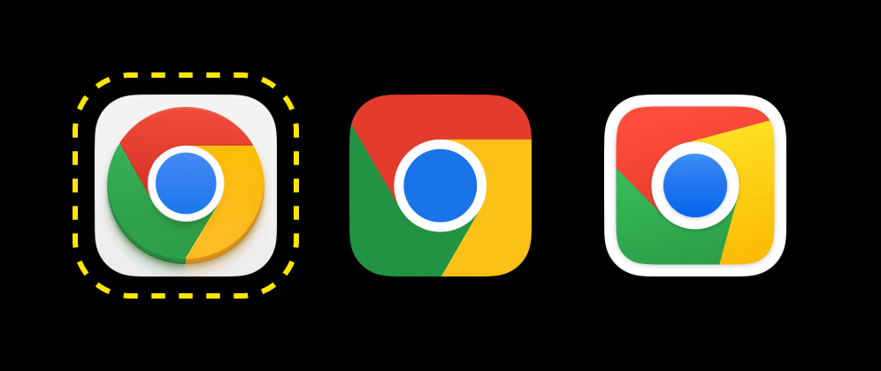 Screenshot of three different Goolge Chrome icons for macOS Big Sur. The one outlined on the left is the original from Google, the others are more visually interesting alternatives from third parties.
