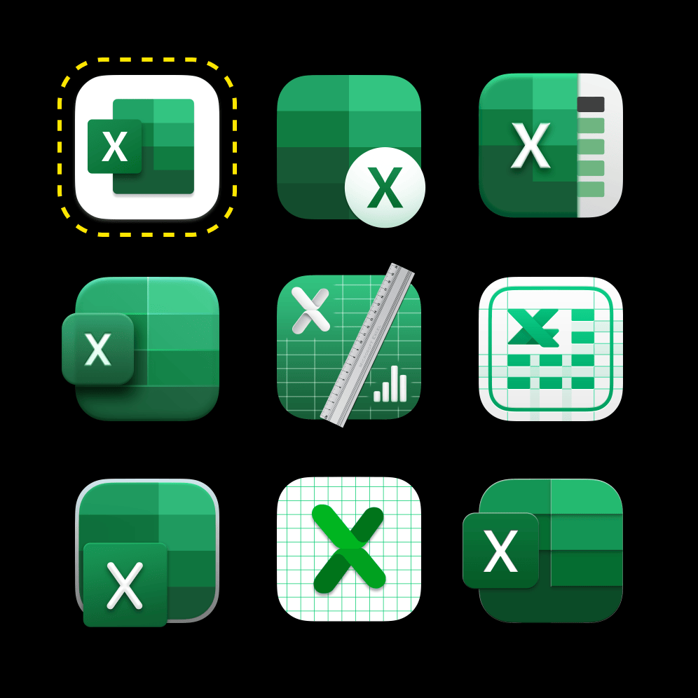 Screenshot of nine different Excel icons for macOS Big Sur. The one outlined on the upper left is the original from Microsoft, the others are more visually interesting alternatives from third parties that provide some dimensionality while breaking out of the squircle’s shape.
