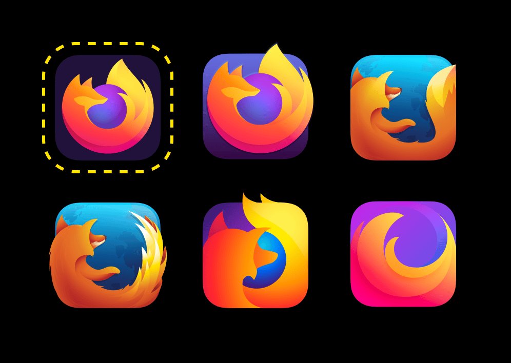 Screenshot of six different Firefox icons for macOS Big Sur. The one outlined on the upper left is the original from Mozilla, the others are more visually interesting alternatives from third parties that provide some dimensionality while breaking out of the squircle’s shape.