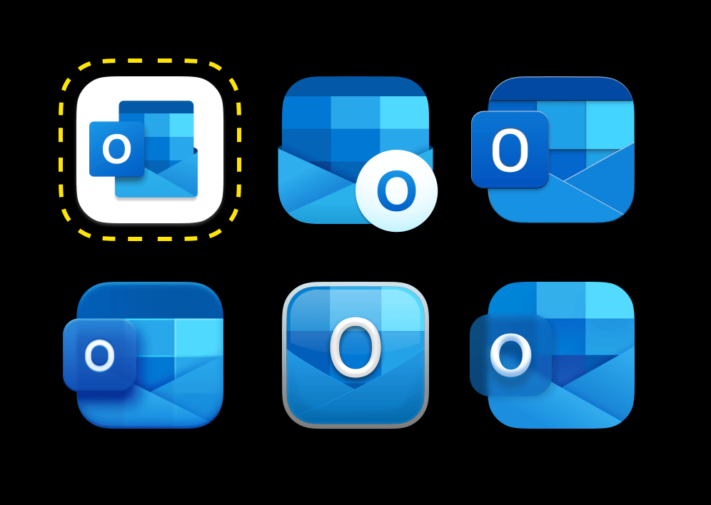 Screenshot of six different Outlook icons for macOS Big Sur. The one outlined on the upper left is the original from Microsoft, the others are more visually interesting alternatives from third parties that provide some dimensionality while breaking out of the squircle’s shape.
