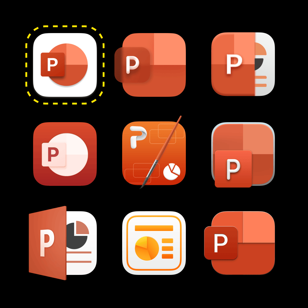 Screenshot of nine different Powerpoint icons for macOS Big Sur. The one outlined on the upper left is the original from Microsoft, the others are more visually interesting alternatives from third parties that provide some dimensionality while breaking out of the squircle’s shape.