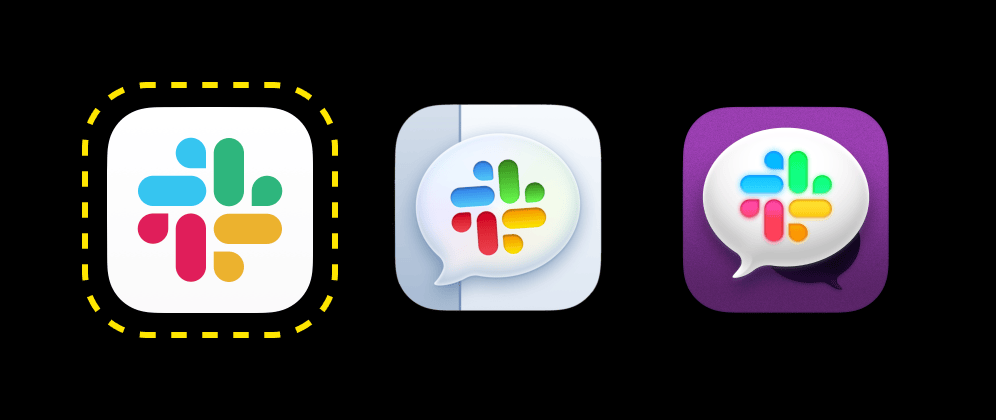 Screenshot of three different Slack icons for macOS Big Sur. The one outlined on the left is the original from Salesforce, the others are more visually interesting alternatives from third parties.
