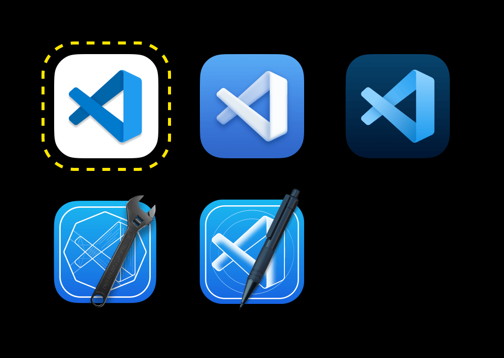 Screenshot of five different VSCode icons for macOS Big Sur. The one outlined on the upper left is the original from Microsoft, the others are more visually interesting alternatives from third parties that provide some dimensionality while breaking out of the squircle’s shape.