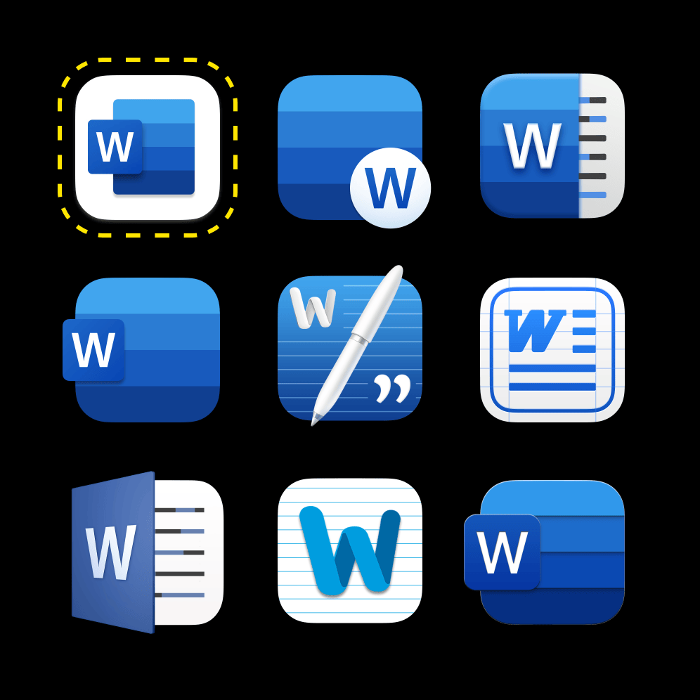 Screenshot of nine different Word icons for macOS Big Sur. The one outlined on the upper left is the original from Microsoft, the others are more visually interesting alternatives from third parties that provide some dimensionality while breaking out of the squircle’s shape.