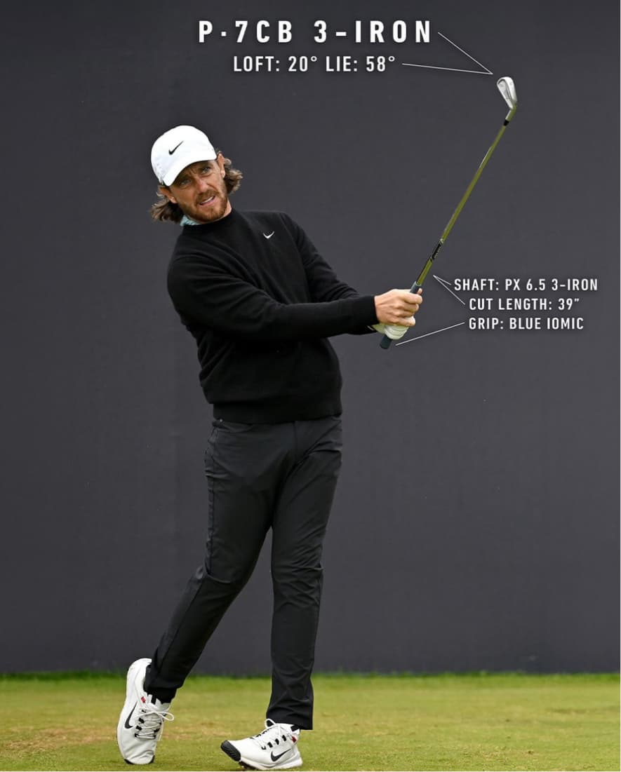 Photograph of Tommy Fleetwood in a follow-through swing with text superimposed on the image detailing statistics about the iron he’s using. A P7CB 3 iron with a 20 degree loft and 58 degree lie. A PX 6.5 shaft with a 39 in. cut length and a blue iomic grip.