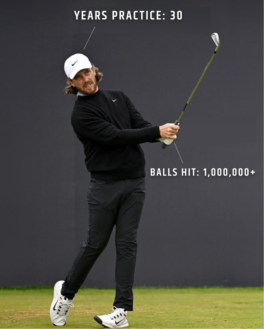 Photograph of Tommy Fleetwood in a follow-through swing with text superimposed on the image detailing his experience. 30 years of practice and over 1,000,000 balls hit.