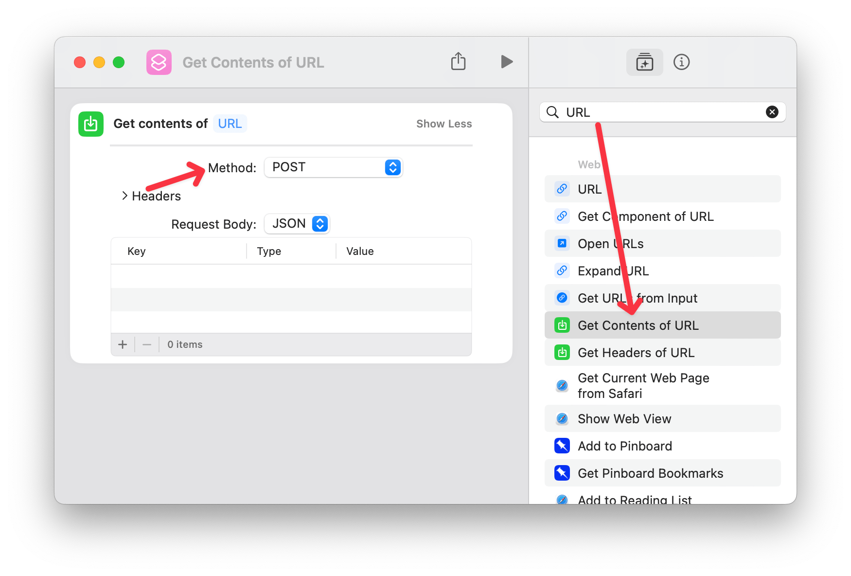 Screenshot of the macOS shortcuts app with arrows indicating which shortcut to choose and how to change the request method to a POST