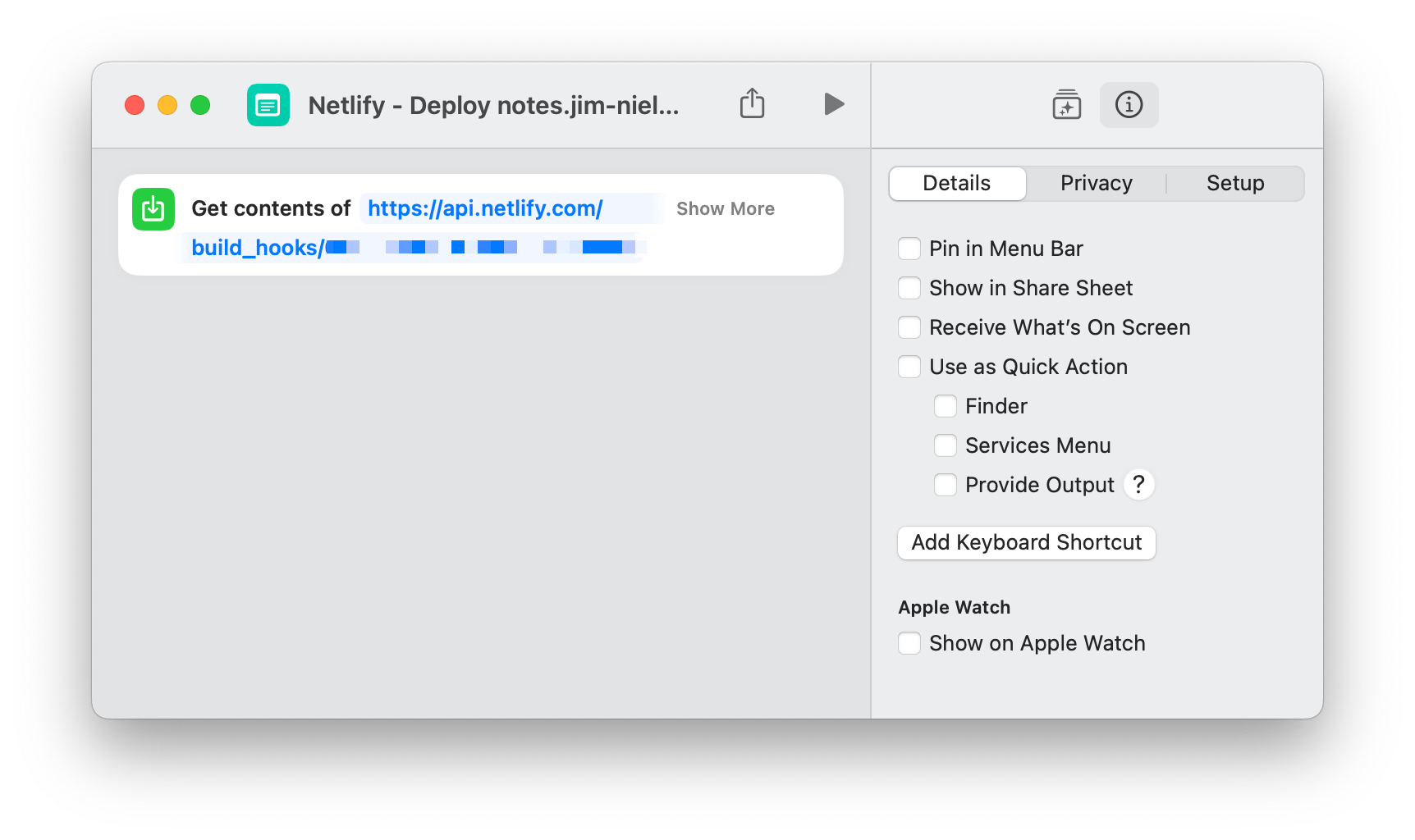 Screenshot of my Netlify deploy shortcut in the macOS app.