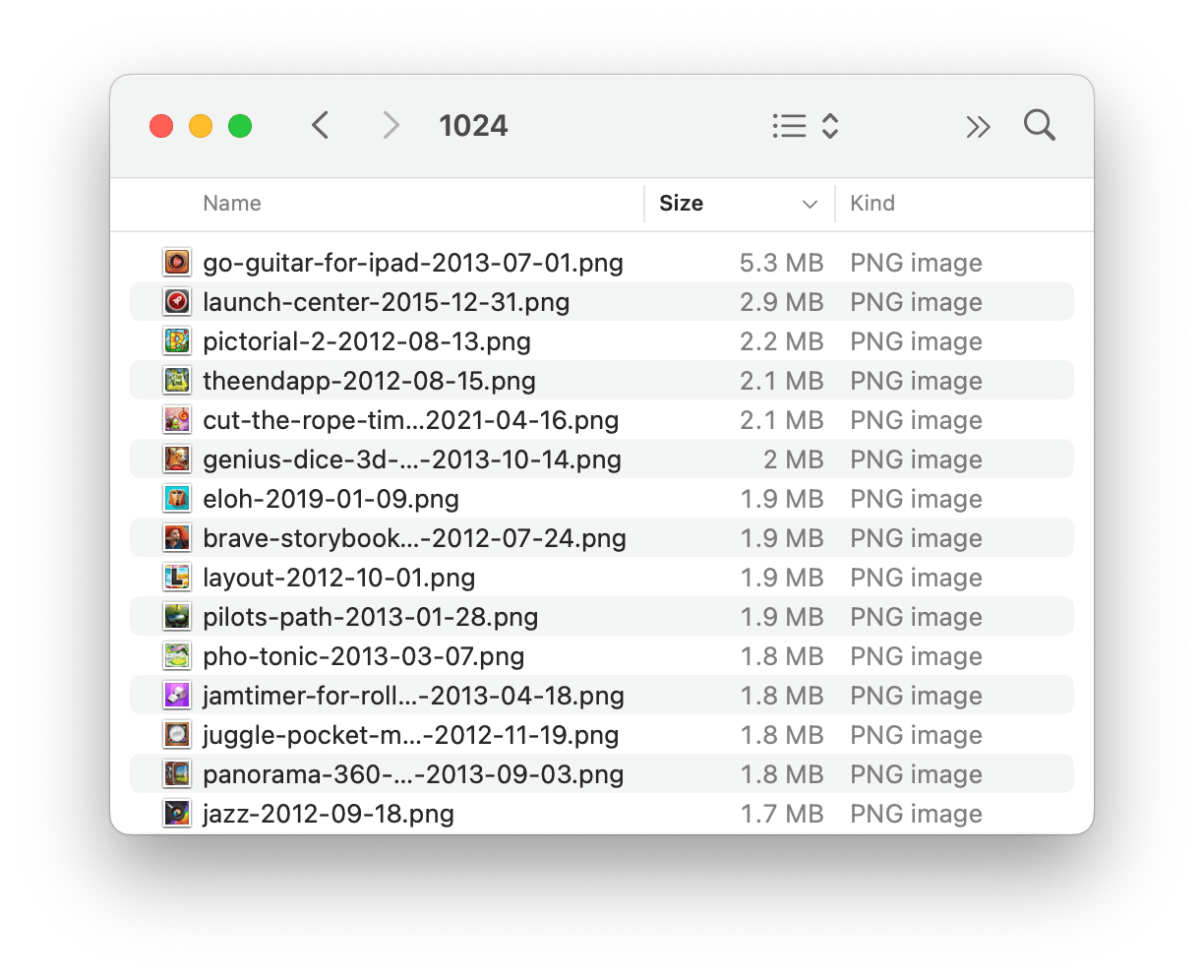 Screenshot of macos finder showing a list of PNG files sorted by size, the largest one being 5.3MB.