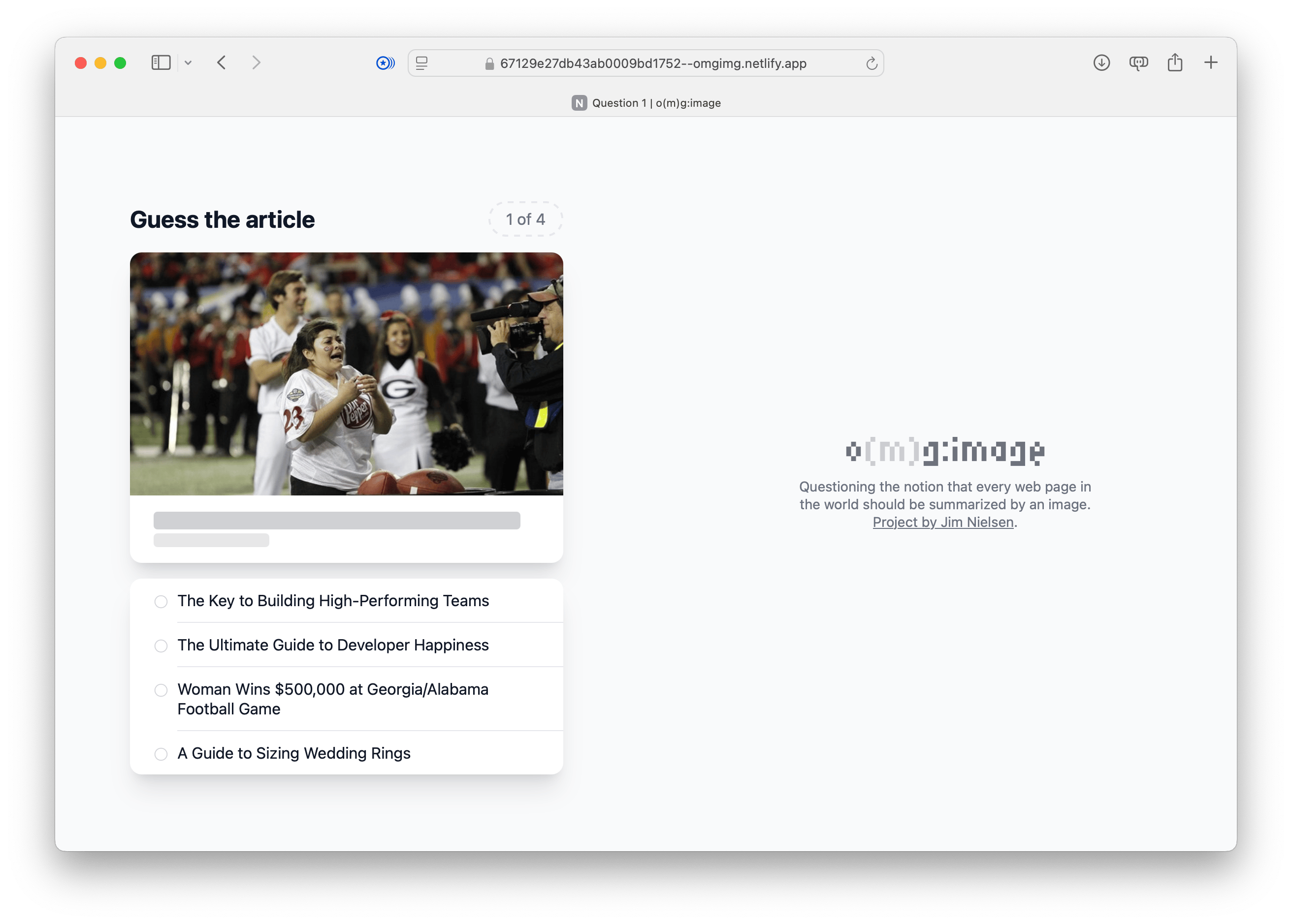 Screenshot of iteration number three for o(m)g:image. More elements have been moved around, including the “Guess the article” title is now left-aligned with the question count to the right. That way, when the page changes, they reveal new information but stay in the same spot.