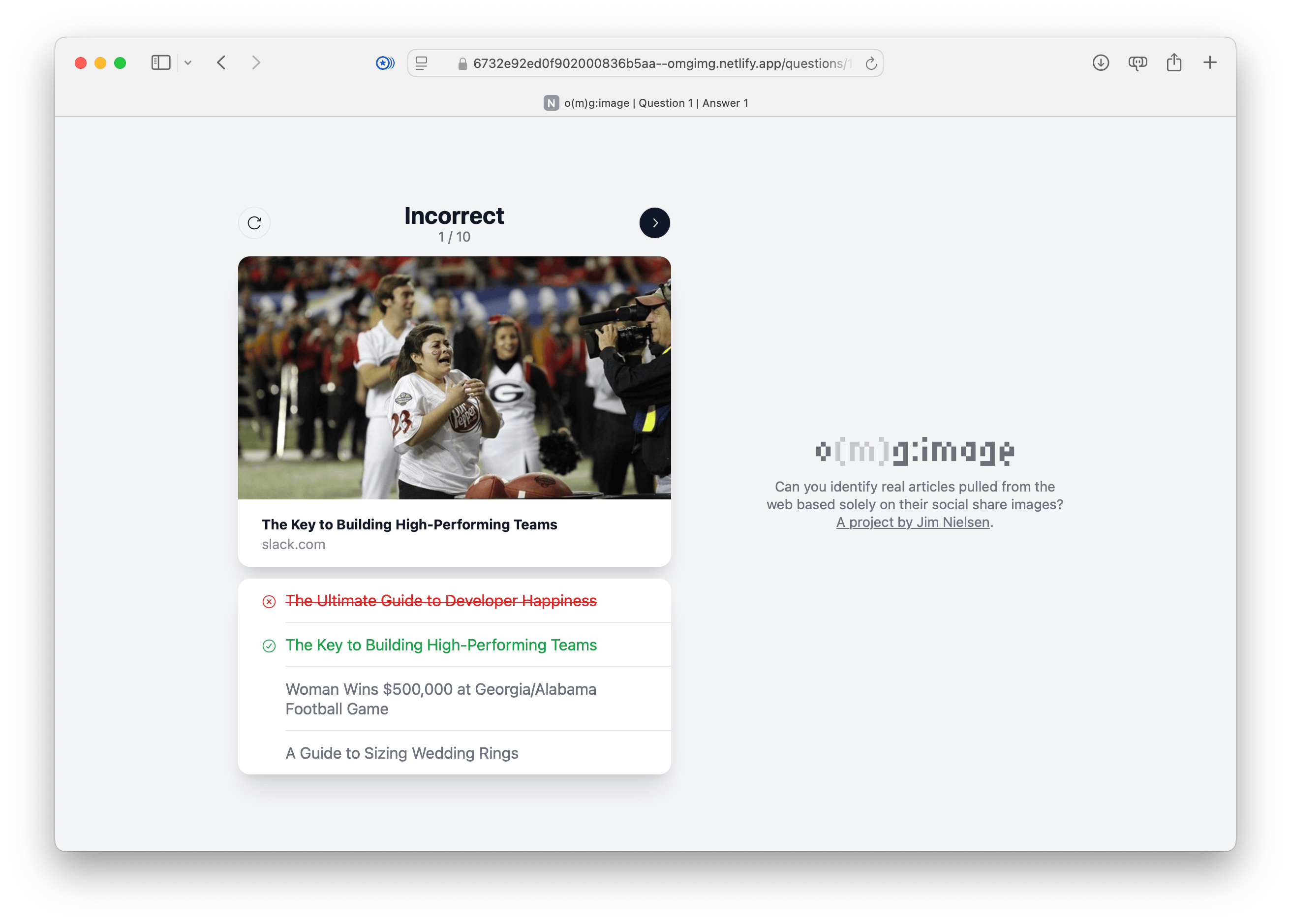 Screenshot of iteration number four for o(m)g:image answer page where the article heading has changed to be laid out top-to-bottom, heading then quesion status. On the left is a control to restart the question. On the right a control to go to the next one.