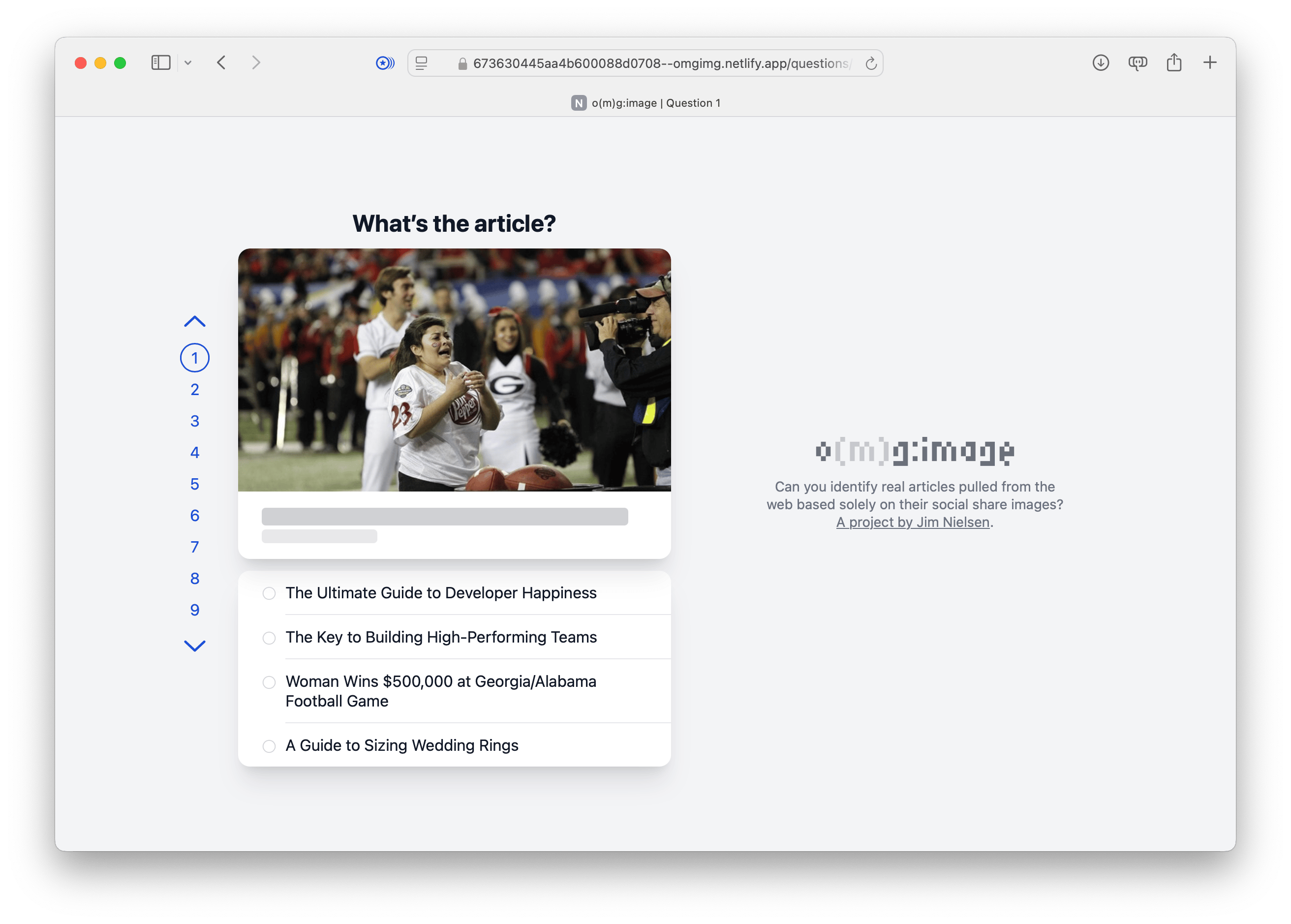 Screenshot of iteration number five for o(m)g:image where there’s a numer for every question in the quiz that you can click on.