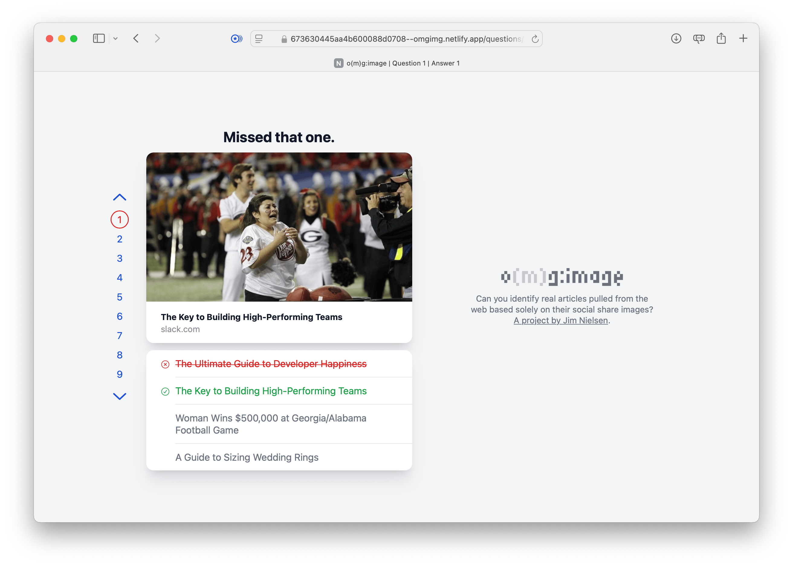 creenshot of iteration number five for o(m)g:image answer page where there’s a numer for every question in the quiz that you can click on and the currently active answer page is red because the question was answered incorrectly.