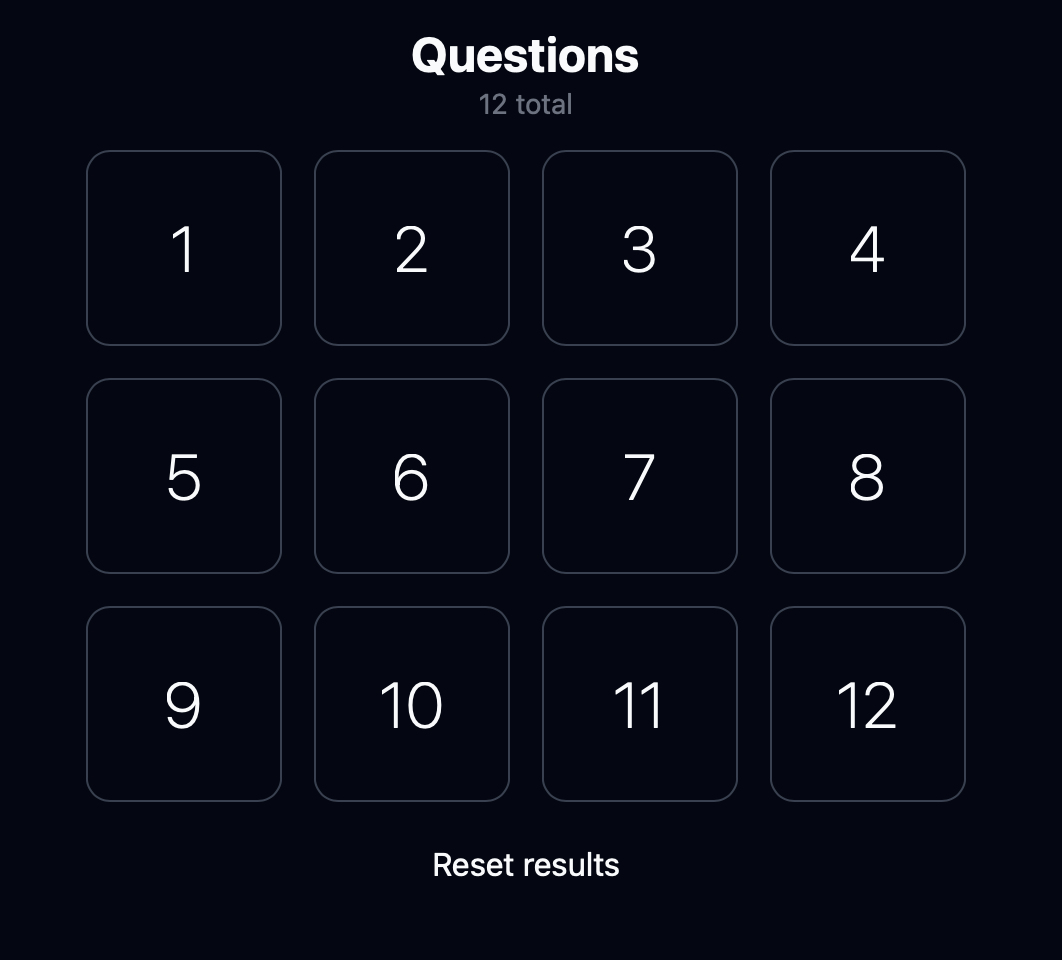 An interface displaying a grid of 12 numbered square buttons, arranged in three rows and four columns. Above the grid, the word ‘Questions’ is displayed in bold with a subtitle indicating ‘12 total.’